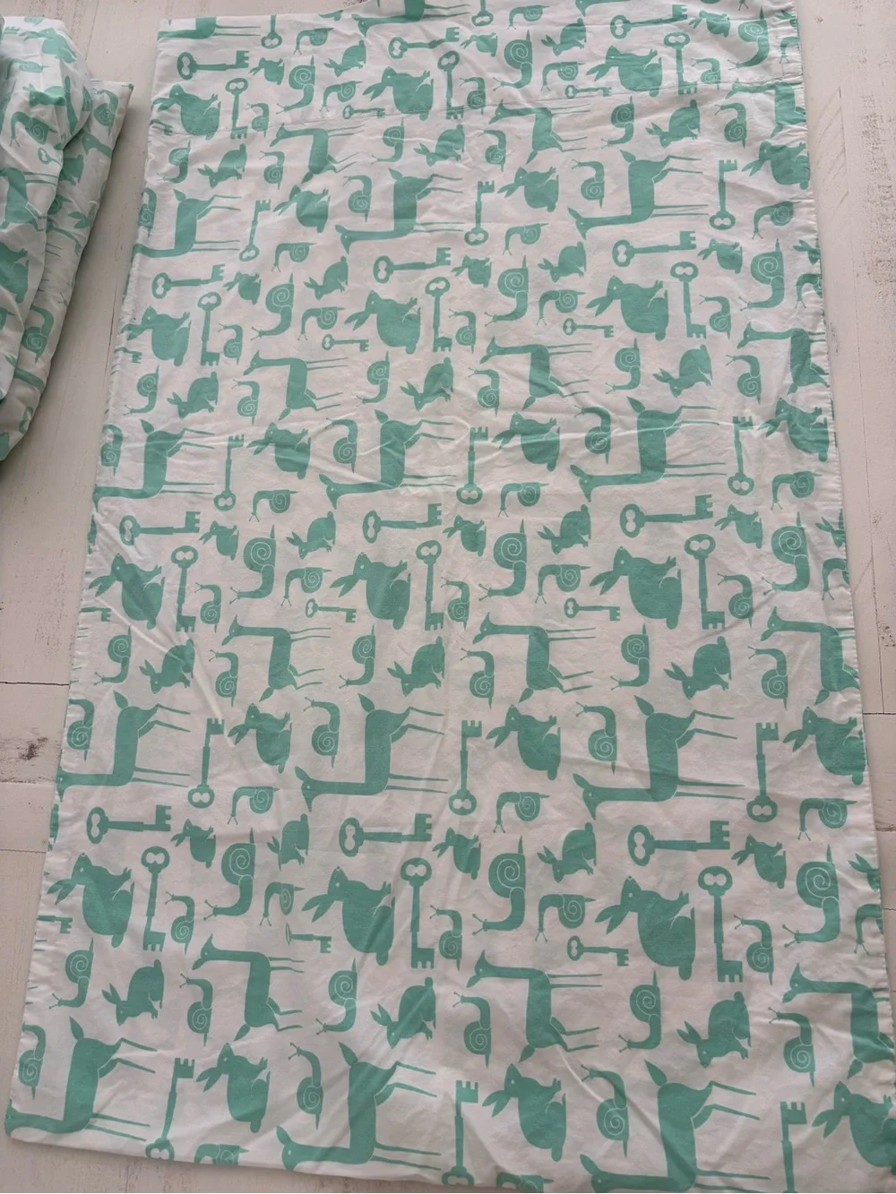The Land of Nod Mint Green Animal & Key Print Cotton Sheet
